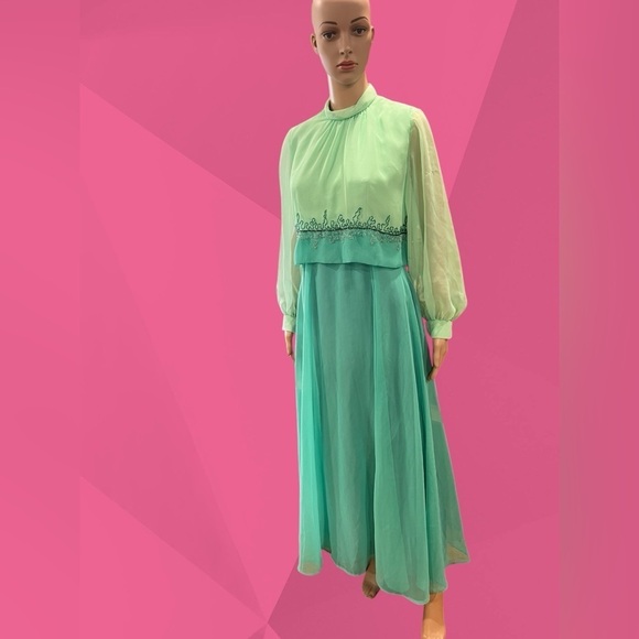 Vintage 60’s chiffon hostess Mob kaftan cocktail Maude Maxi Dress in Teal-M - Picture 1 of 12